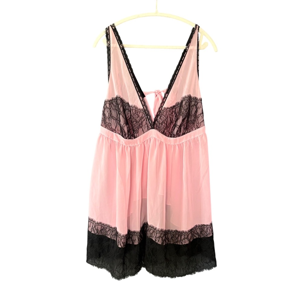 Cacique Intimates Pink Black Lace Babydoll Chemise Plus Size 22/24 Silk Blend